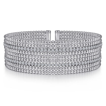 14K White Gold Bujukan Bead Cuff Bracelet with Diamond Channels