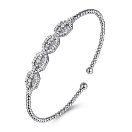 14K White Gold Bujukan Bead Cuff Bracelet with Diamond Pav¿ª Links