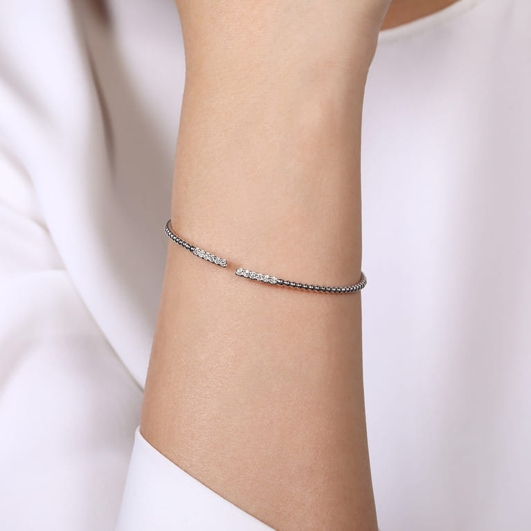 14K White Gold Bujukan Bead Cuff Bracelet with Diamond Pave Bars - 0.3 ct - Shot 4