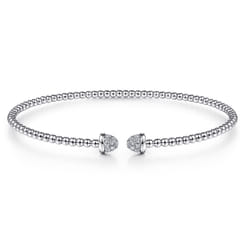 14K White Gold Bujukan Bead Cuff Bracelet with Diamond Pave Caps