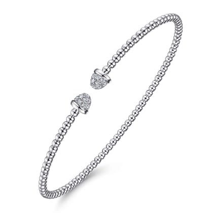 14K White Gold Bujukan Bead Cuff Bracelet with Diamond Pave Caps