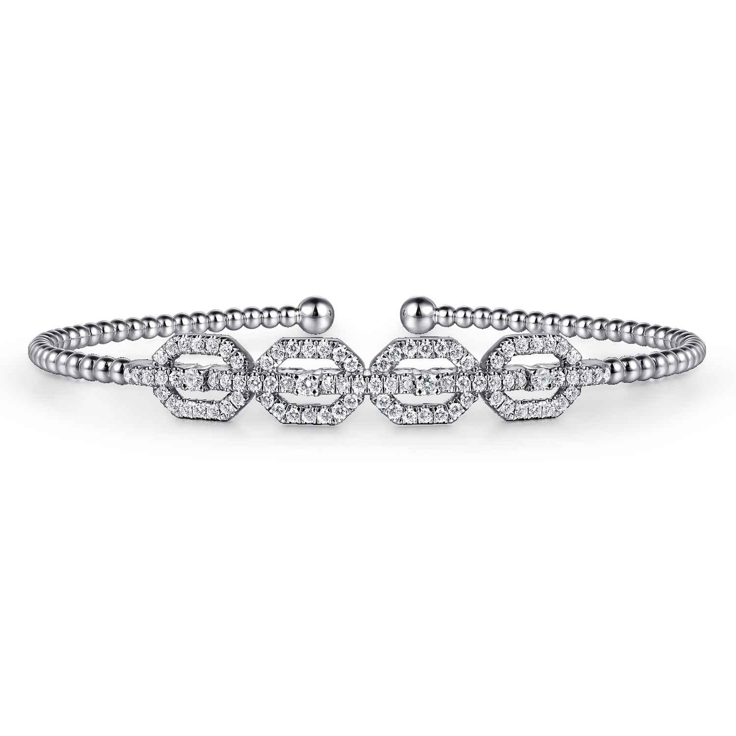 14K White Gold Bujukan Bead Cuff Bracelet with Diamond Pave Links - 0.6 ct - Shot 1