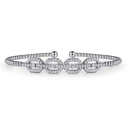 14K White Gold Bujukan Bead Cuff Bracelet with Diamond Pave Links