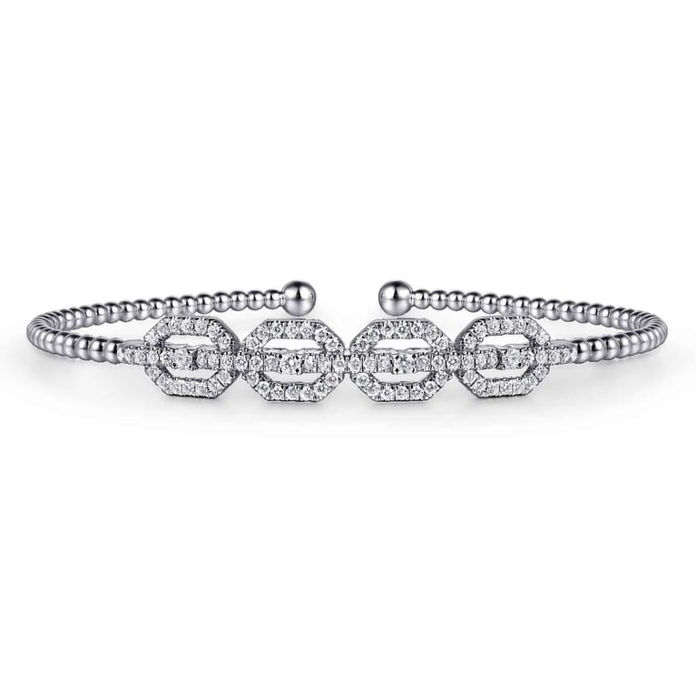 14K White Gold Bujukan Bead Cuff Bracelet with Diamond Pave Links - 0.6 ct - Shot 1