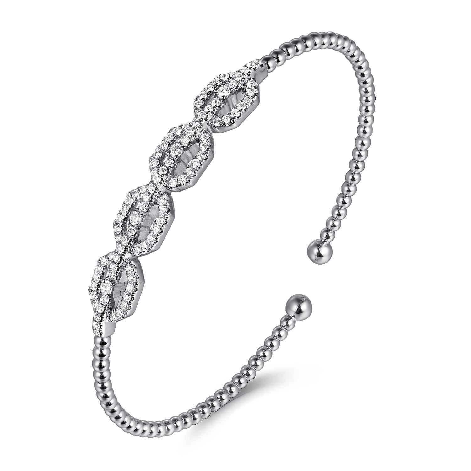 14K White Gold Bujukan Bead Cuff Bracelet with Diamond Pave Links - 0.6 ct - Shot 2