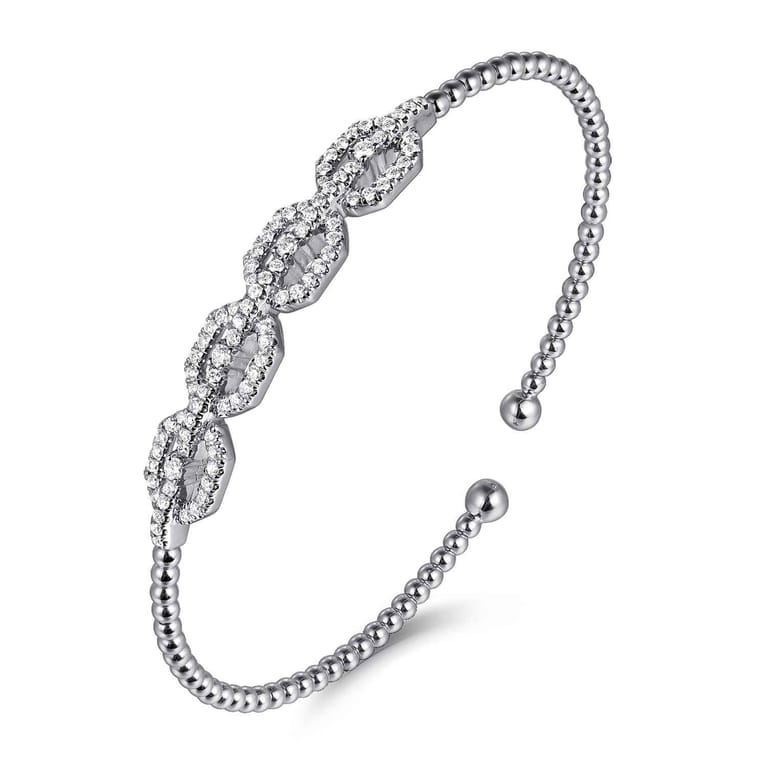 14K White Gold Bujukan Bead Cuff Bracelet with Diamond Pave Links - 0.6 ct - Shot 2