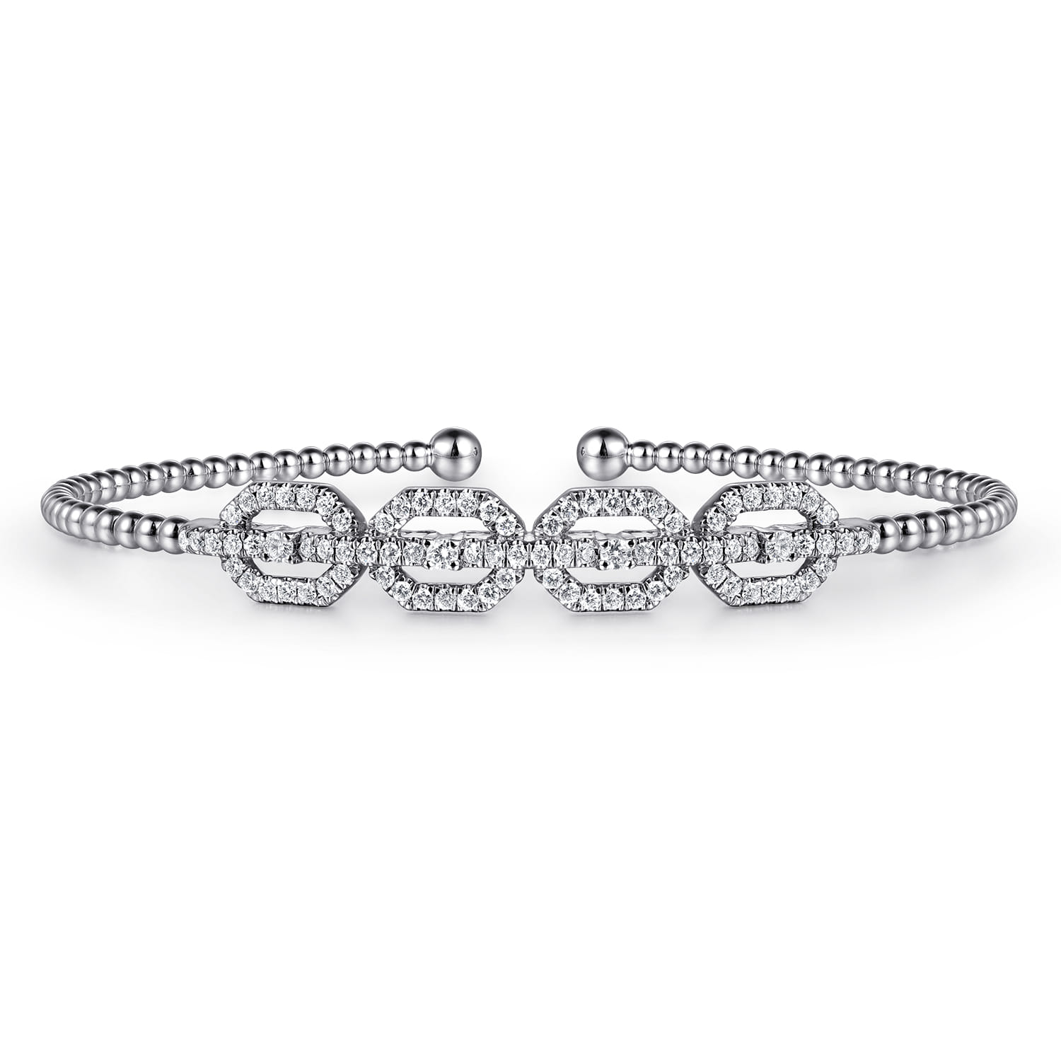 14K White Gold Bujukan Bead Cuff Bracelet with Diamond Pave Links - 0.6 ct - Shot 1