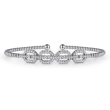 14K White Gold Bujukan Bead Cuff Bracelet with Diamond Pave Links