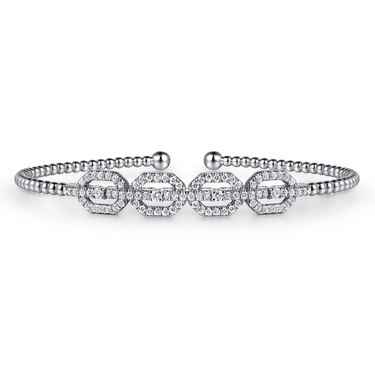 14K White Gold Bujukan Bead Cuff Bracelet with Diamond Pave Links - 0.6 ct - Shot 1