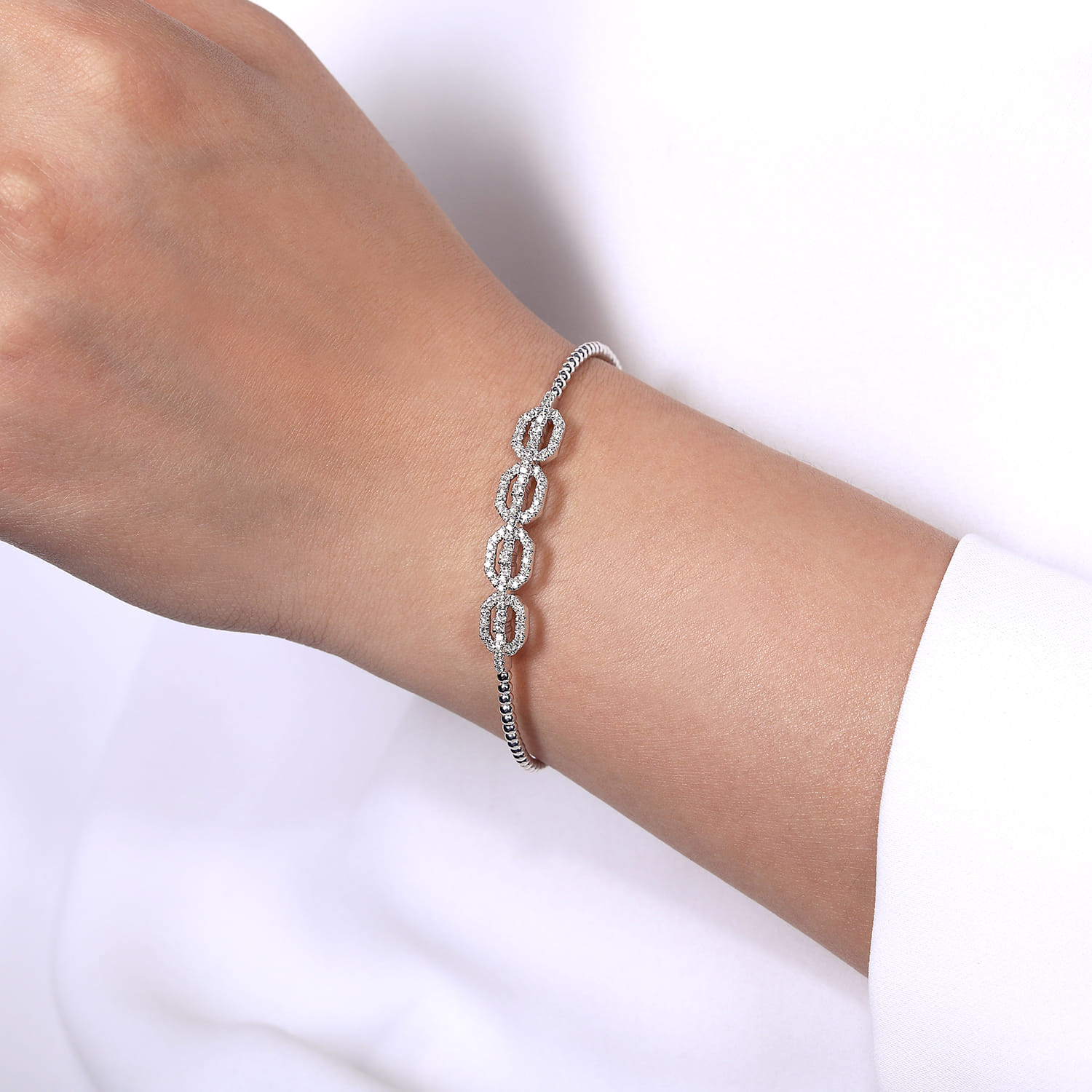 14K White Gold Bujukan Bead Cuff Bracelet with Diamond Pave Links - 0.6 ct - Shot 4