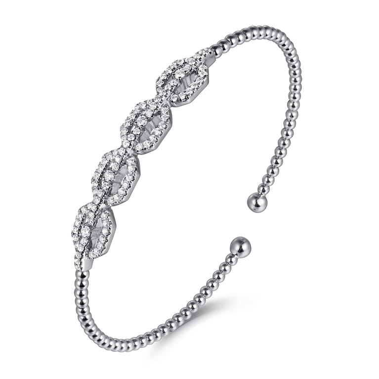14K White Gold Bujukan Bead Cuff Bracelet with Diamond Pave Links - 0.6 ct - Shot 2