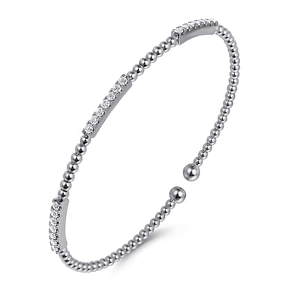14K White Gold Bujukan Bead Cuff Bracelet with Diamond Pave Stations