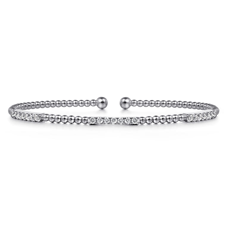14K White Gold Bujukan Bead Cuff Bracelet with Diamond Pave Stations - 0.45 ct - Shot 1