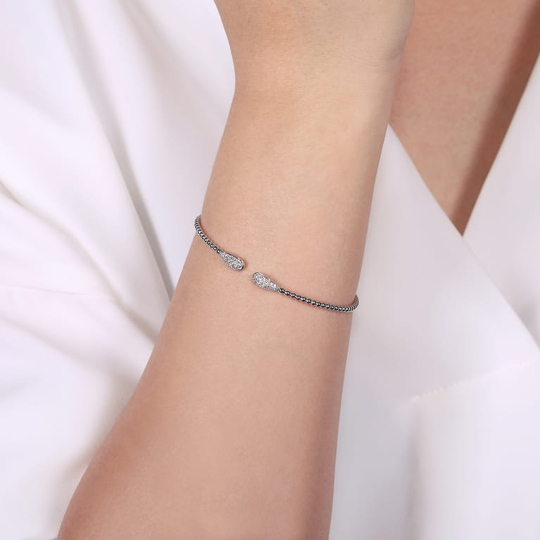 14K White Gold Bujukan Bead Cuff Bracelet with Diamond Pave Teardrops - 0.3 ct - Shot 4