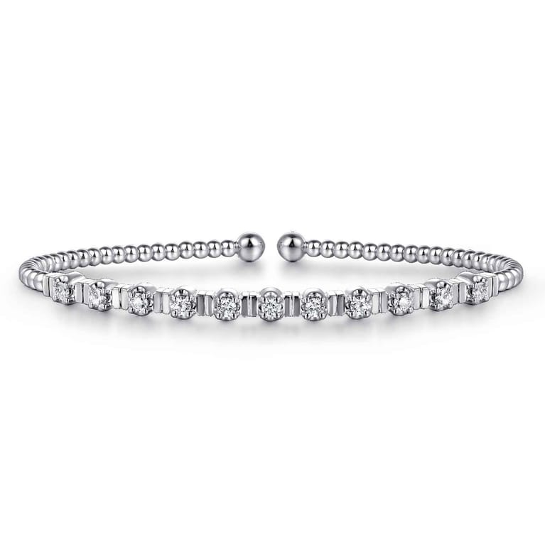 14K White Gold Bujukan Bead Cuff Bracelet with Diamond Stations - 0.33 ct - Shot 1