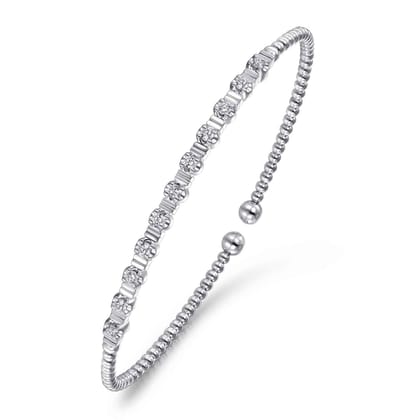 14K White Gold Bujukan Bead Cuff Bracelet with Diamond Stations