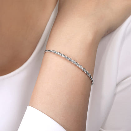 14K White Gold Bujukan Bead Cuff Bracelet with Diamond Stations