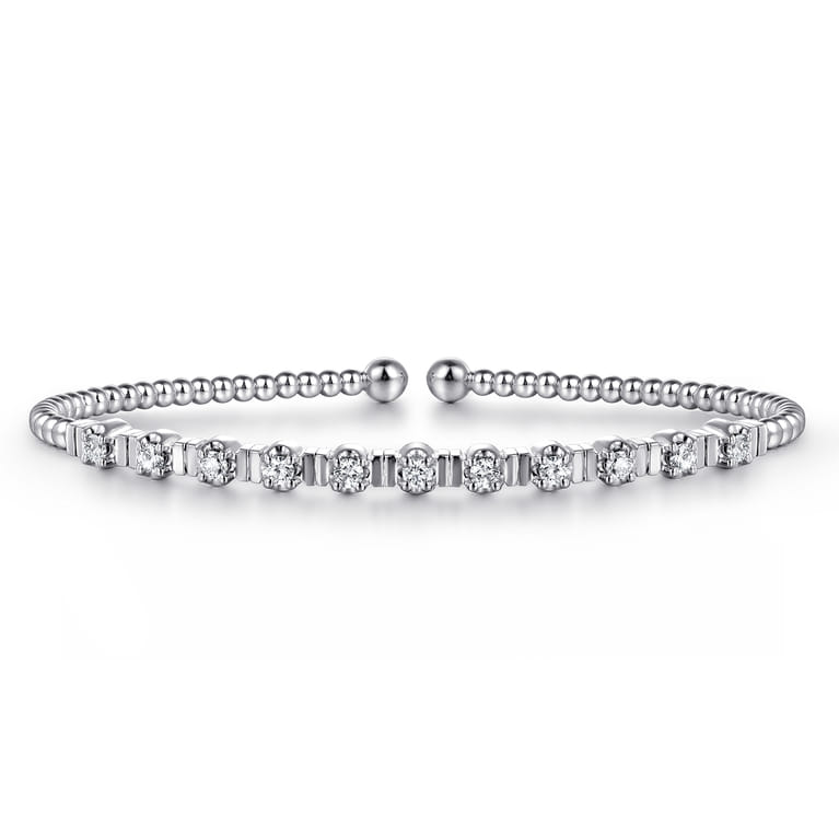 14K White Gold Bujukan Bead Cuff Bracelet with Diamond Stations - 0.33 ct - Shot 1