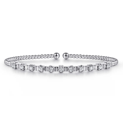 14K White Gold Bujukan Bead Cuff Bracelet with Diamond Stations