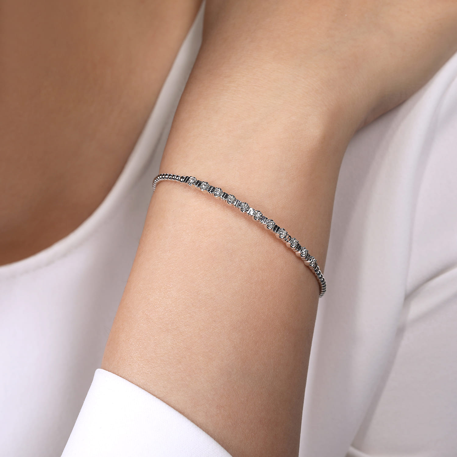 14K White Gold Bujukan Bead Cuff Bracelet with Diamond Stations - 0.33 ct - Shot 4