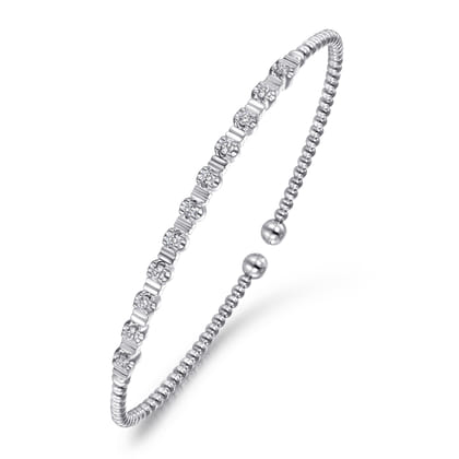14K White Gold Bujukan Bead Cuff Bracelet with Diamond Stations