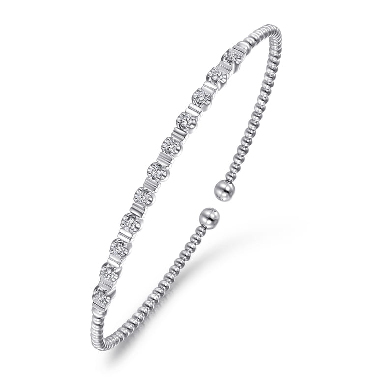 14K White Gold Bujukan Bead Cuff Bracelet with Diamond Stations - 0.33 ct - Shot 2