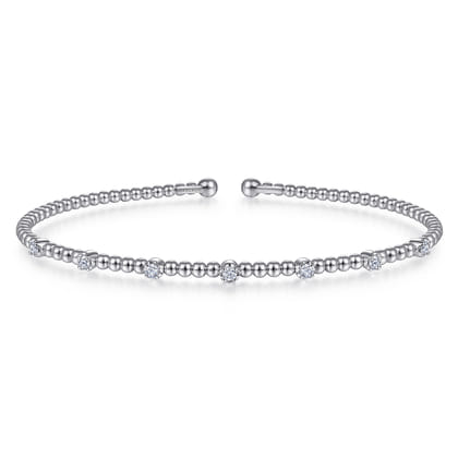 14K White Gold Bujukan Bead Cuff Bracelet with Diamond Stations