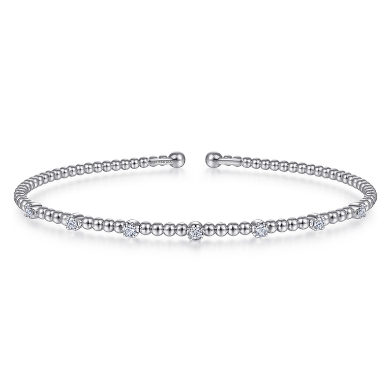 14K White Gold Bujukan Bead Cuff Bracelet with Diamond Stations - 0.21 ct - Shot 1