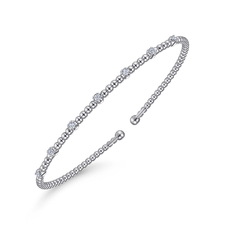14K White Gold Bujukan Bead Cuff Bracelet with Diamond Stations - 0.21 ct - Shot 2