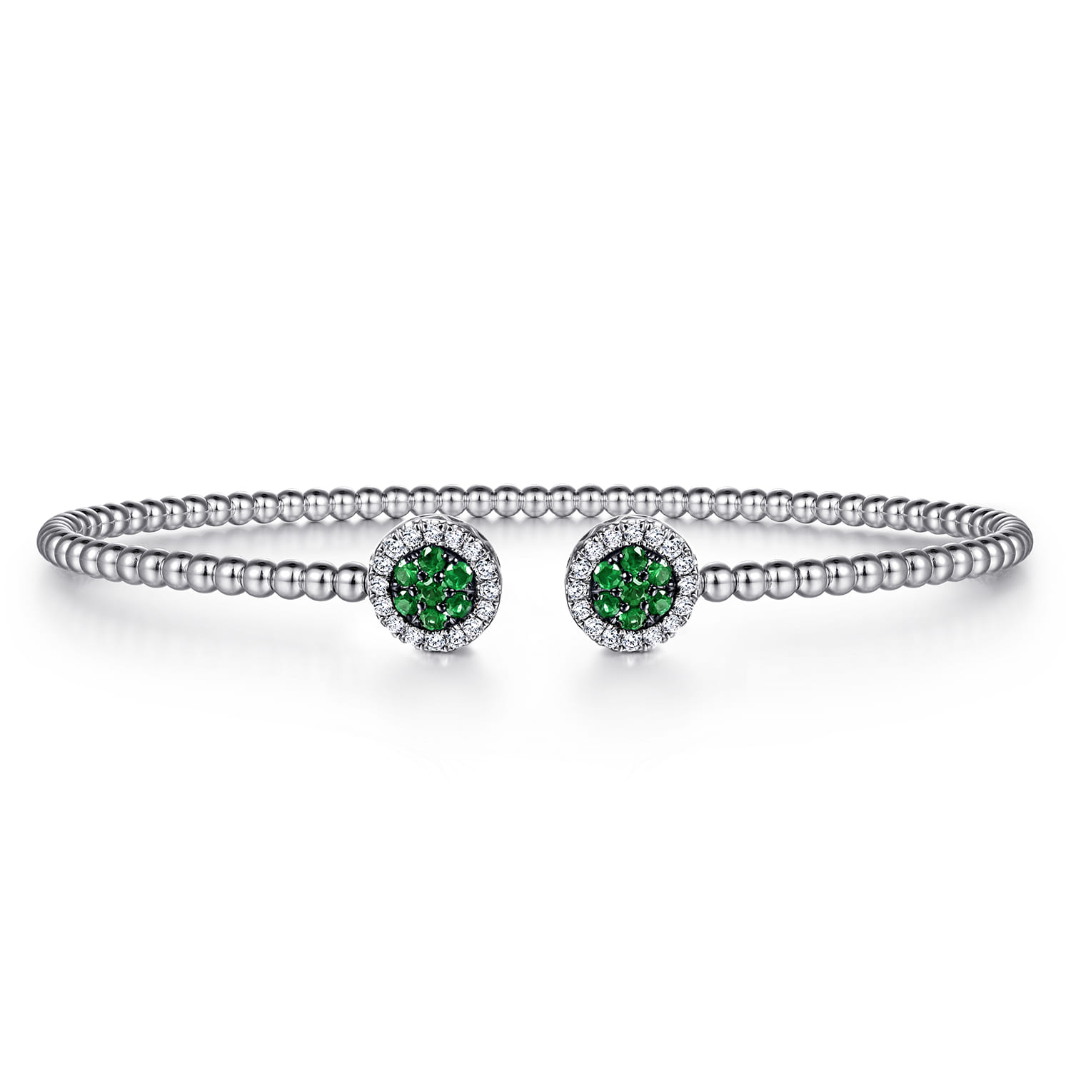14K White Gold Bujukan Bead Cuff Bracelet with Emerald and Diamond Halo Caps - 0.16 ct - Shot 1