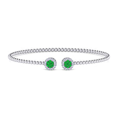 14K White Gold Bujukan Bead Cuff Bracelet with Emerald and Diamond Halo Caps
