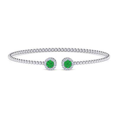 14K White Gold Bujukan Bead Cuff Bracelet with Emerald and Diamond Halo Caps
