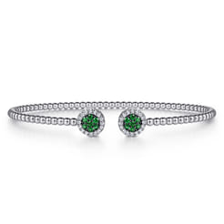 14K White Gold Bujukan Bead Cuff Bracelet with Emerald and Diamond Halo Caps