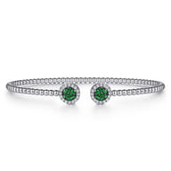 14K White Gold Bujukan Bead Cuff Bracelet with Emerald and Diamond Halo Caps