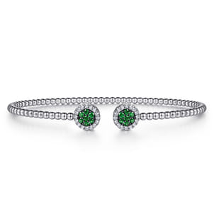 14K White Gold Bujukan Bead Cuff Bracelet with Emerald and Diamond Halo Caps