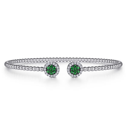 14K White Gold Bujukan Bead Cuff Bracelet with Emerald and Diamond Halo Caps