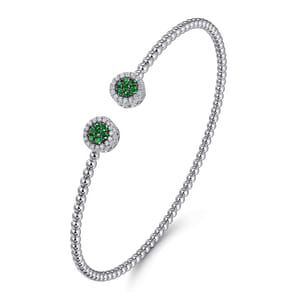 14K White Gold Bujukan Bead Cuff Bracelet with Emerald and Diamond Halo Caps