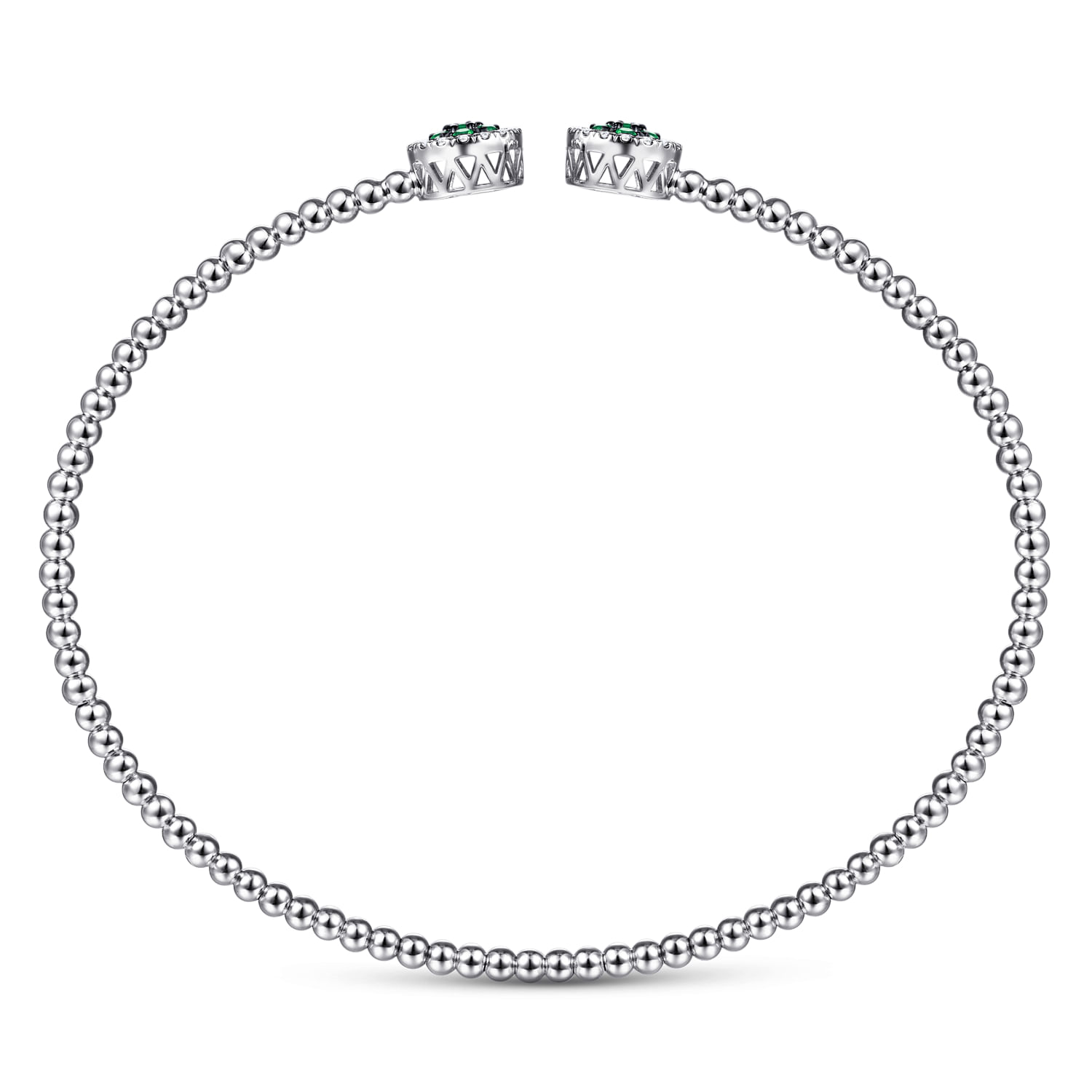14K White Gold Bujukan Bead Cuff Bracelet with Emerald and Diamond Halo Caps