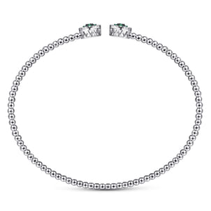 14K White Gold Bujukan Bead Cuff Bracelet with Emerald and Diamond Halo Caps