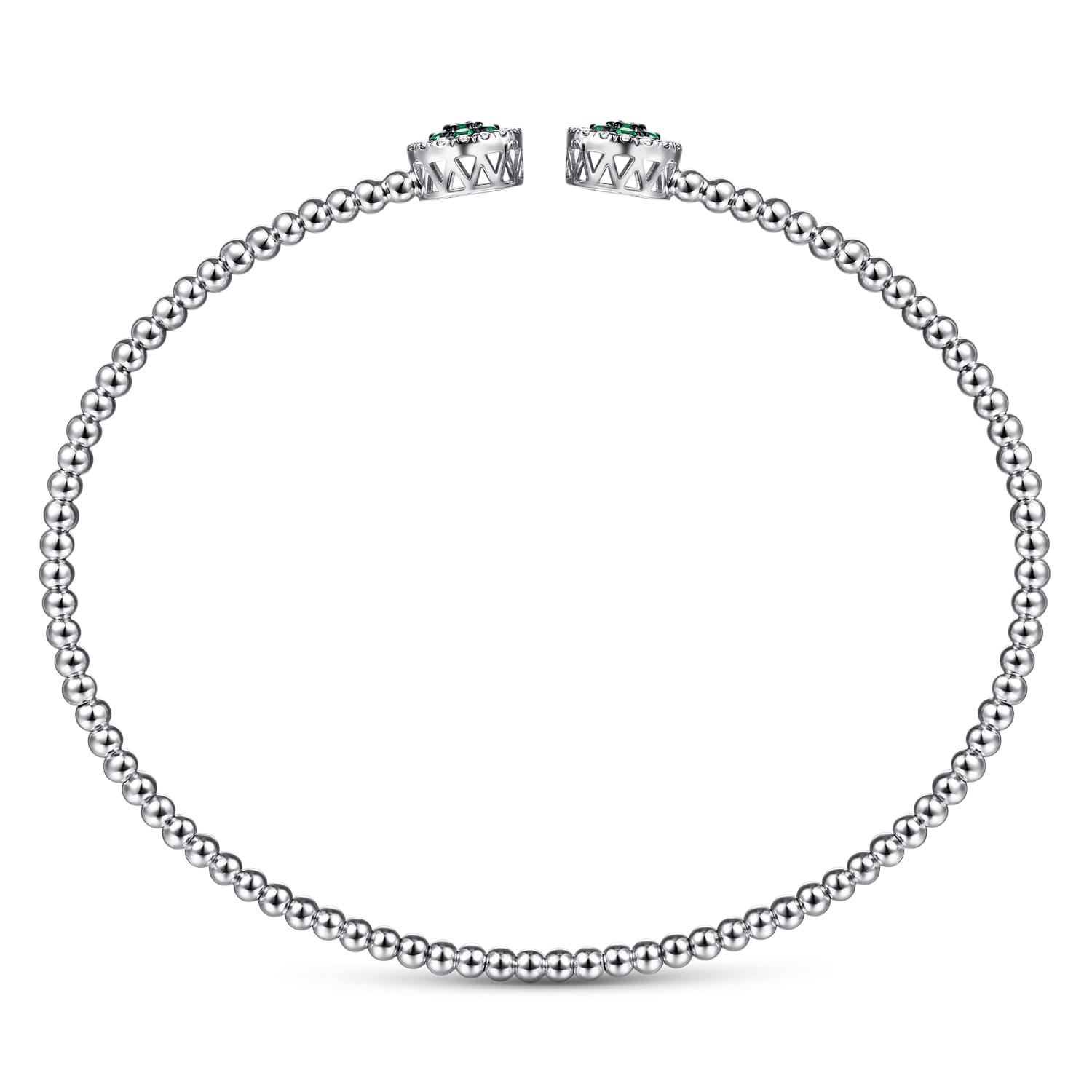 14K White Gold Bujukan Bead Cuff Bracelet with Emerald and Diamond Halo Caps - 0.16 ct - Shot 3