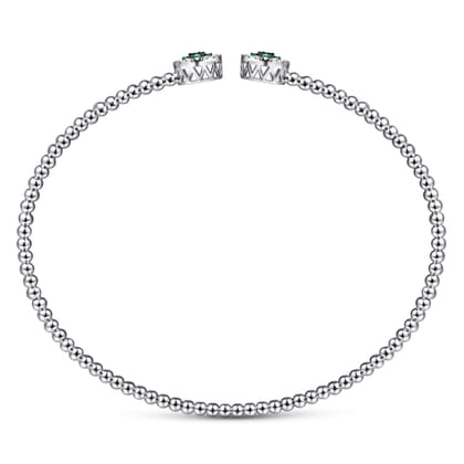 14K White Gold Bujukan Bead Cuff Bracelet with Emerald and Diamond Halo Caps