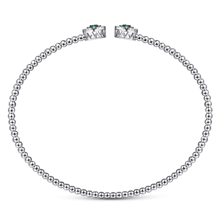 14K White Gold Bujukan Bead Cuff Bracelet with Emerald and Diamond Halo Caps - 0.16 ct - Shot 3