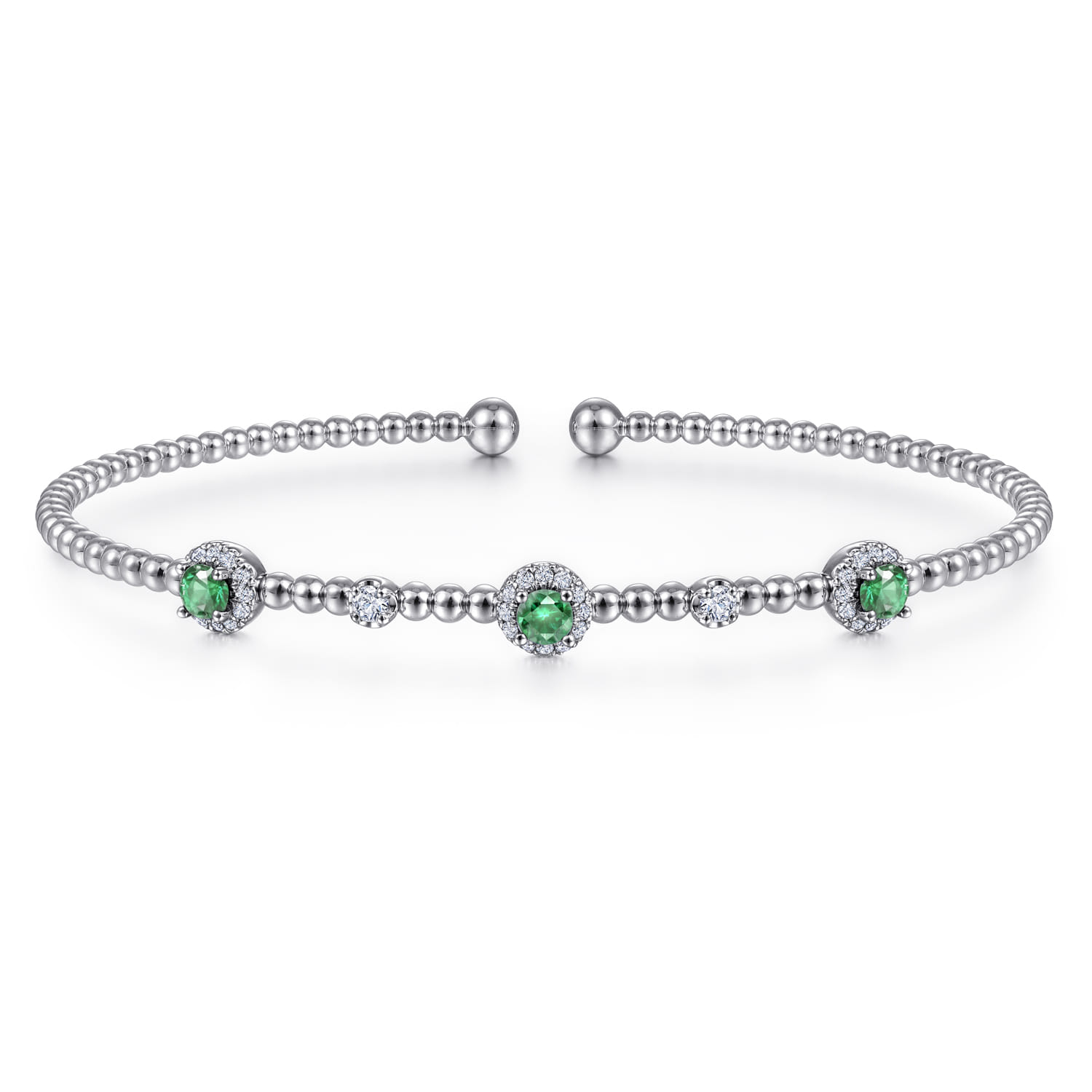 14K White Gold Bujukan Bead Cuff Bracelet with Emerald and Diamond Halo Stations - 0.2 ct - Shot 1
