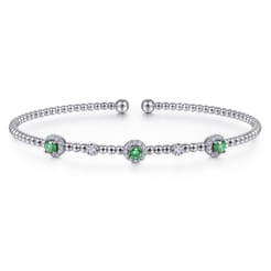 14K White Gold Bujukan Bead Cuff Bracelet with Emerald and Diamond Halo Stations