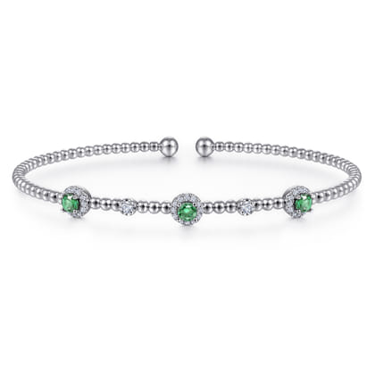 14K White Gold Bujukan Bead Cuff Bracelet with Emerald and Diamond Halo Stations