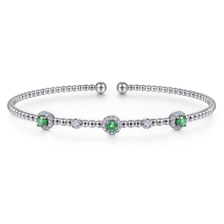 14K White Gold Bujukan Bead Cuff Bracelet with Emerald and Diamond Halo Stations - 0.2 ct - Shot 1