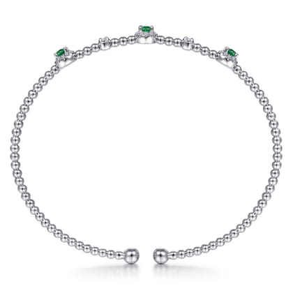 14K White Gold Bujukan Bead Cuff Bracelet with Emerald and Diamond Halo Stations