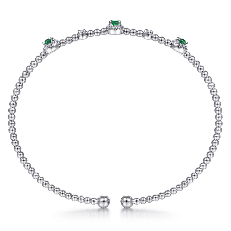 14K White Gold Bujukan Bead Cuff Bracelet with Emerald and Diamond Halo Stations - 0.2 ct - Shot 3