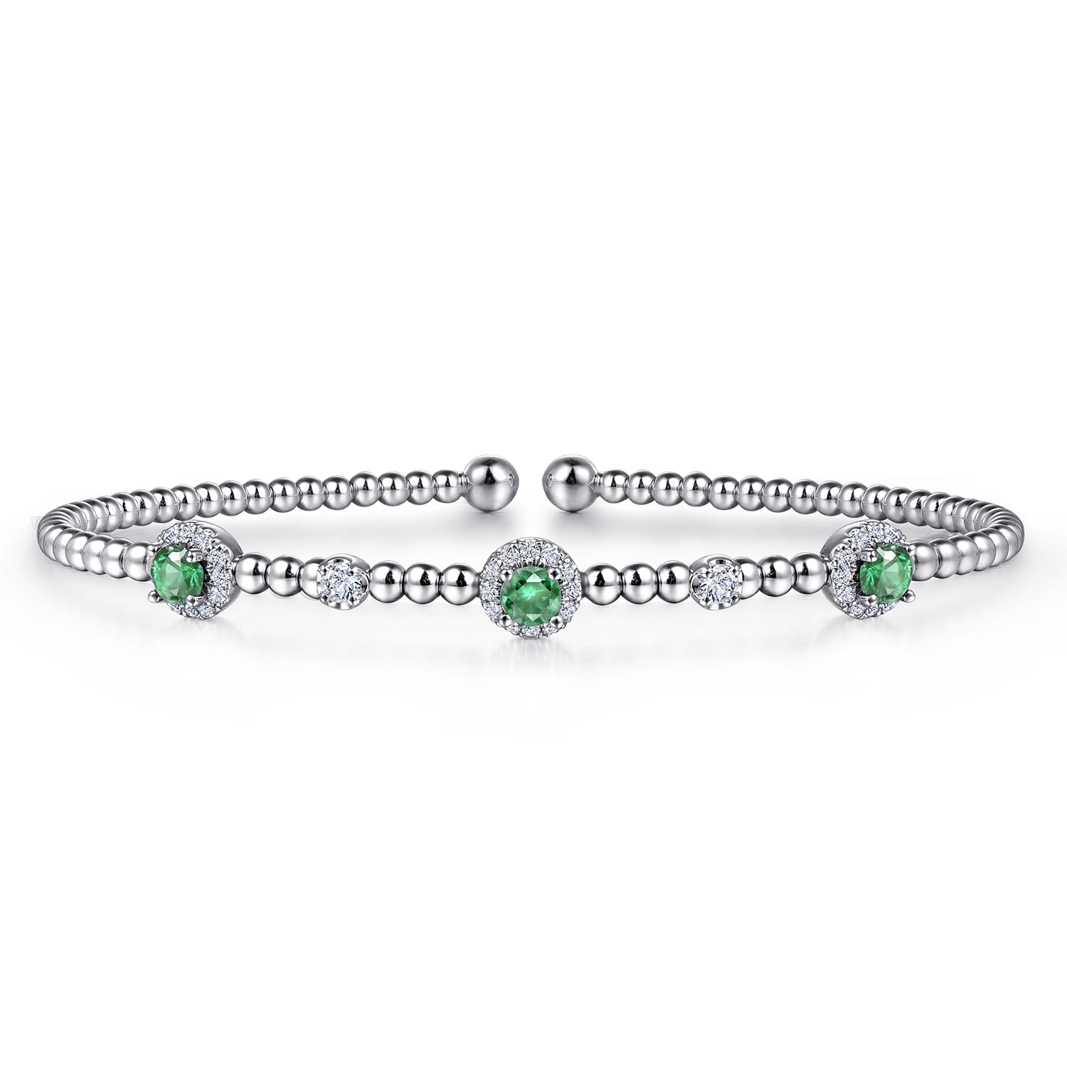 14K White Gold Bujukan Bead Cuff Bracelet with Emerald and Diamond Halo Stations - 0.2 ct - Shot 1