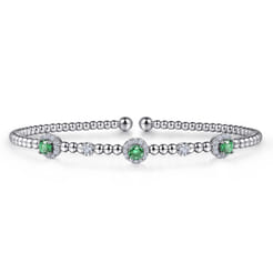 14K White Gold Bujukan Bead Cuff Bracelet with Emerald and Diamond Halo Stations